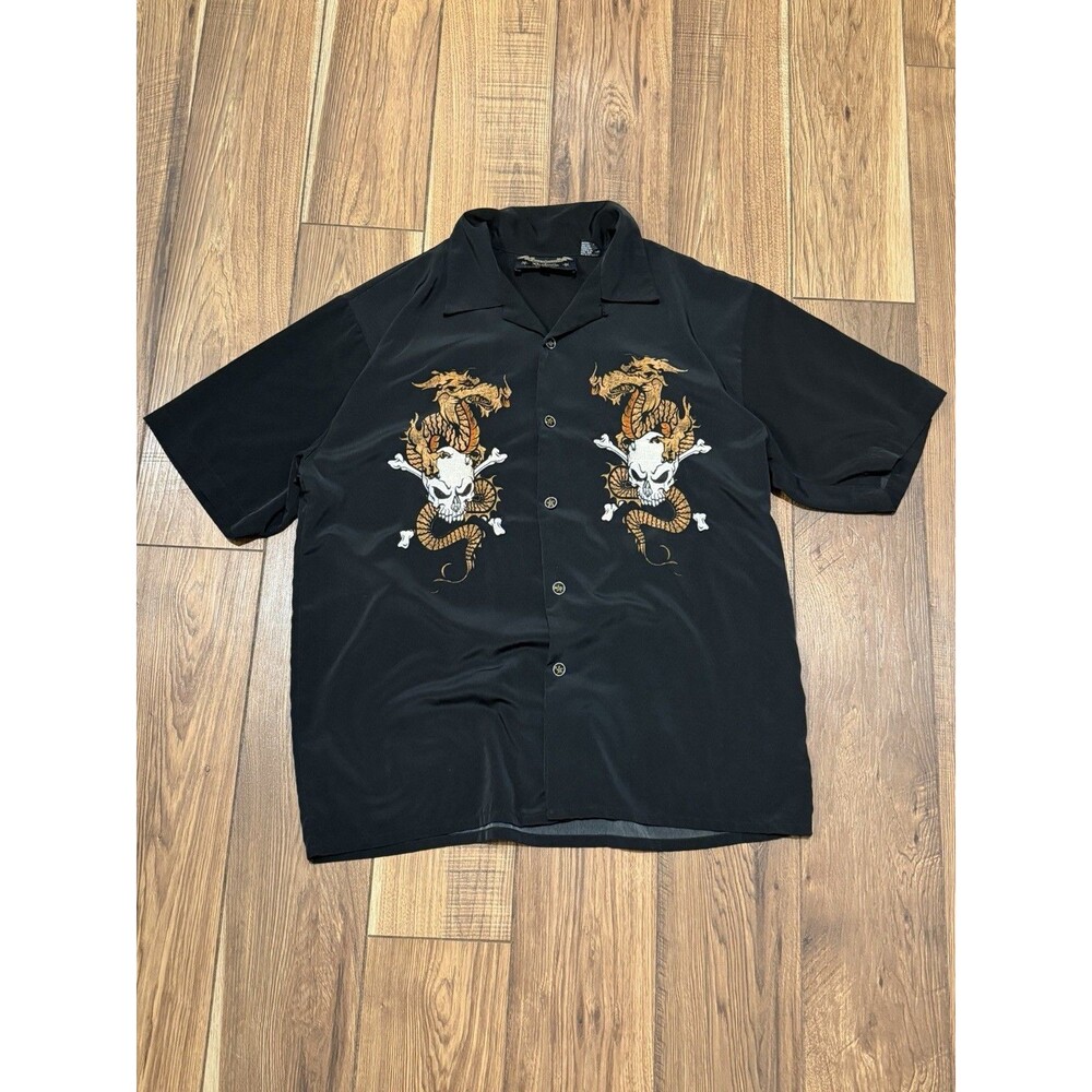 N Sixx Dragonfly Vintage Y2K Button Up Shirt Skull Crossbones Dragon Tattoo Sz L